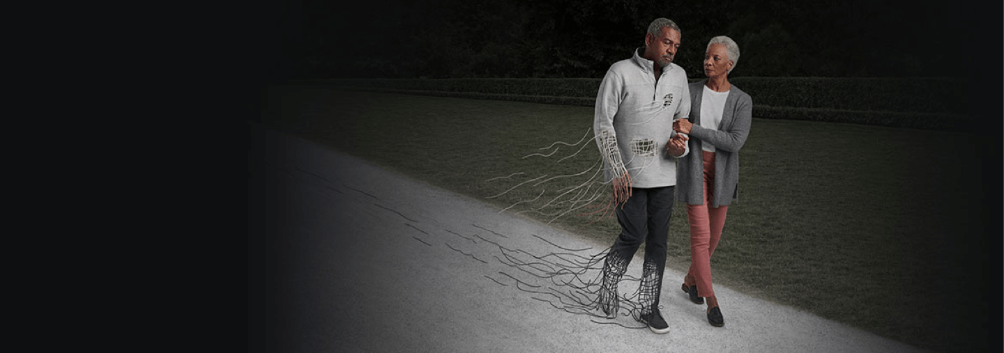 hATTR amyloidosis patient unraveling as he walks with his wife in a park